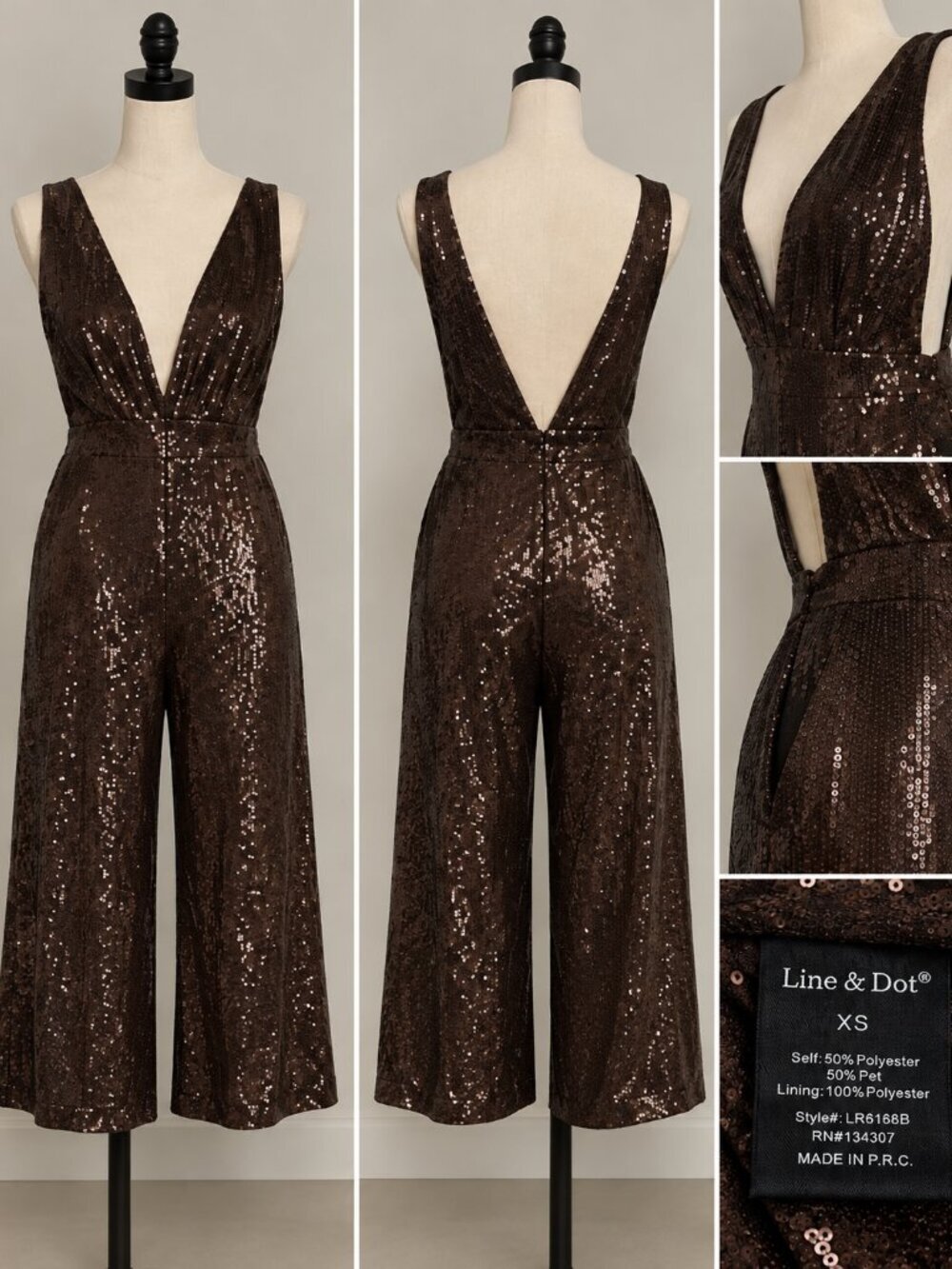 Line & Dot Brown Sequin Wide Leg Jumpsuit XS Deep V Neck Holiday Party REVOLVE - Picture 14 of 15